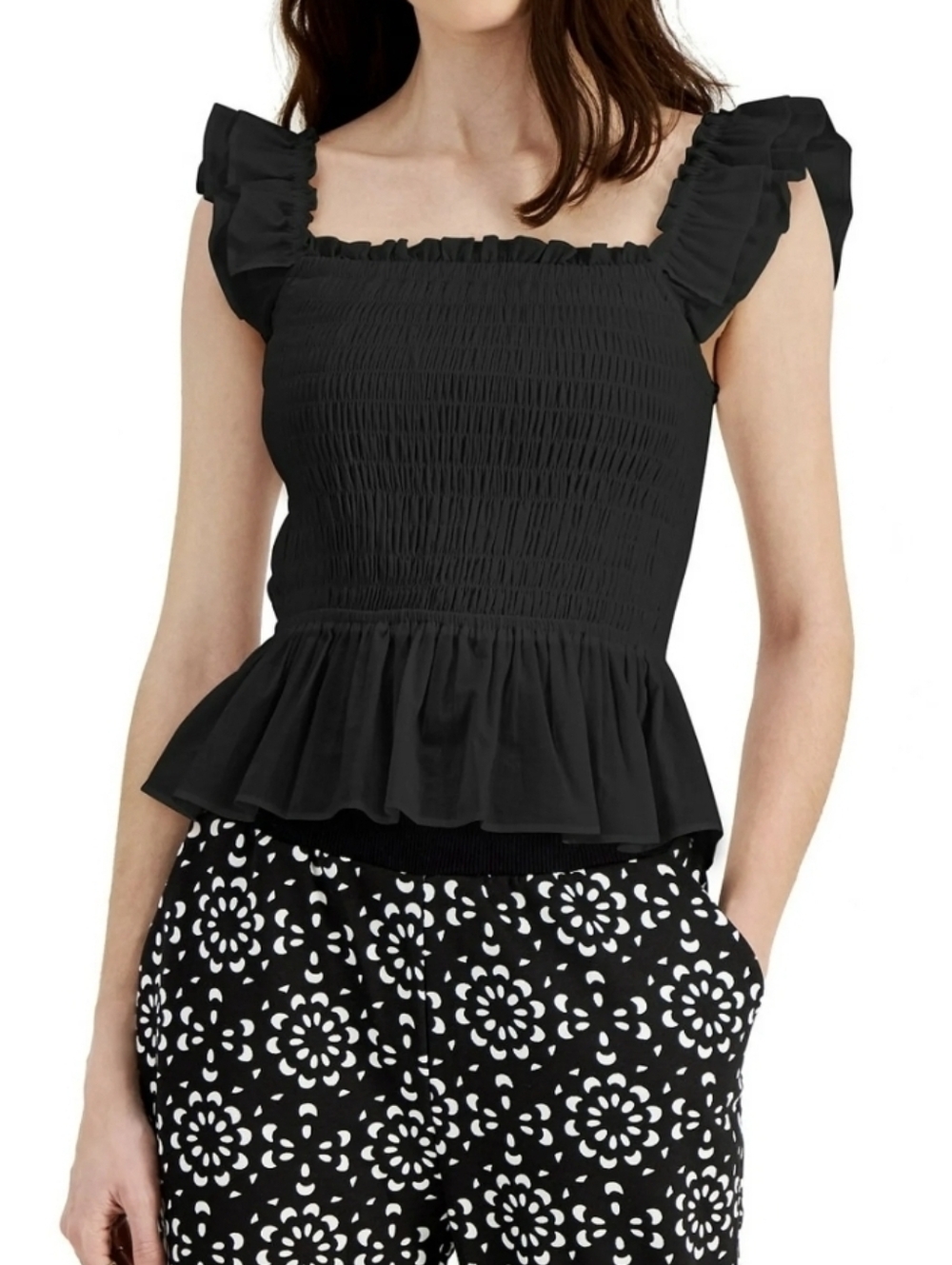 INC INTERNATIONAL CONCEPTS NWT Black Smocked Ruffle-Strap Crop Top SIZE LARGE.